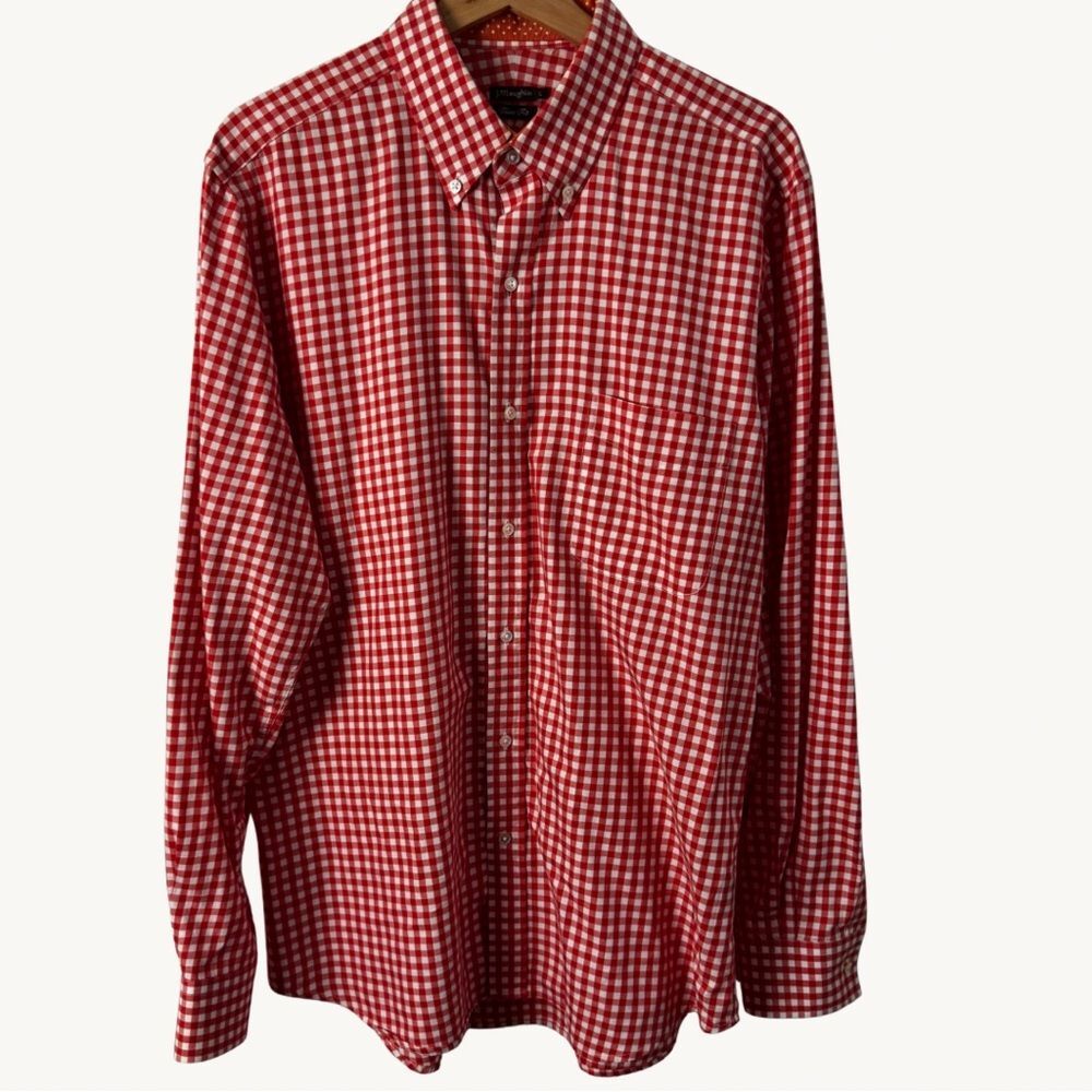 J. McLaughlin Red and White Checkered Button Down Shirt 100% Cotton Mens Large